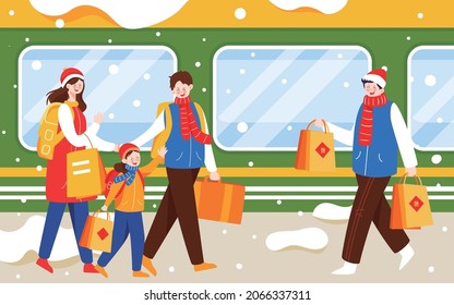 Spring Festival Transportation Family Home For The New Year Illustration Of Winter Snow Station Poster