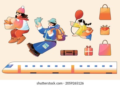 Spring festival travel rush collection, including Asian family, luggage, train transportation. Isolated on yellow background.