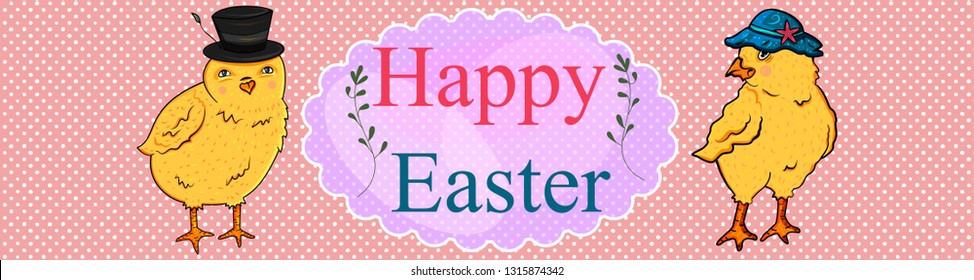 The spring festival Two chicken a boy and a girl. Banner horizontal border with easter symbols. Background with a white dot. Happy Easter. For your design, greeting cards, fabrics, etc. - Vector