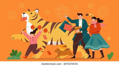 Spring festival vacation illustration. Miniature Asian family going outing together with cute tiger. Concept of 2022 Chinese new year zodiac sign - Shutterstock ID 2075374576
