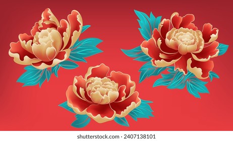 Spring Festival vector hand painted rich peony flower collection