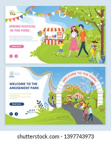 Spring festival vector, park with child and parents, relaxation on nature, amusement with attractions, friends resting surrounded by trees bushes in rest park. Website or webpage, landing page flat
