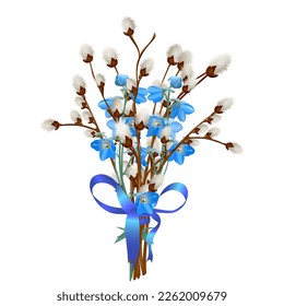 Spring festive bouquet of willow branches with fluffy catkin, sweet blue flowers, decorated with a blue silk ribbon, tied with a bow, gift for holidays and birthday