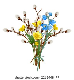 Ramo festivo de primavera de ramas de sauce con calabaza esponjosa, flores lindas azules y amarillas regalo para las vacaciones y el cumpleaños