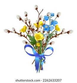 Ramo festivo de primavera de ramas de sauce con una calabaza esponjosa, flores lindas azules y amarillas, decoradas con una cinta de seda azul, atada con un arco, regalo para las vacaciones y cumpleaños