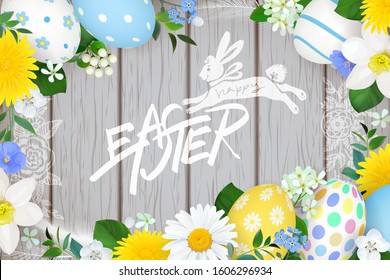 Spring festive Easter poster design with flowers,painted eggs and bunny doodle.Vector illustration