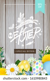 Spring festive Easter poster design with flowers,painted eggs and bunny doodle.Vector illustration