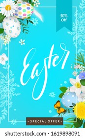 Spring festive Easter poster design with daisies,flowers,painted eggs and butterfly.Vector illustration