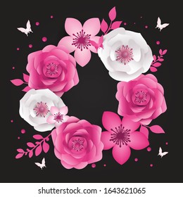 Spring Festive flowers design, decorations, paper cut style banner with flower, butterfly. Background of spring plants for 8 March, International Women's Day, Happy Mother's Day, Happy Easter day