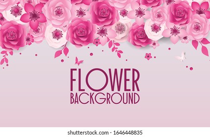 Spring Festive flowers design, decorations, paper cut style banner with flower, butterfly. Background of spring plants for 8 March, International Women's Day, Happy Mother's Day, Happy Easter day
