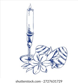 Clipart de gráficos de tinta religiosa festiva de primavera con vela, huevos de color de Pascua e ilustración de flores de primavera. Pintura retro grabada de Pascua feliz, arte de línea para la decoración de la iglesia y diseño de invitación.