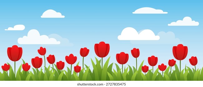 Frühlingsfeld blühender Tulpen, windige Landschaftsdarstellung. Wiese mit schönen roten Tulpen für den Hintergrund. Frühlingslandschaft.