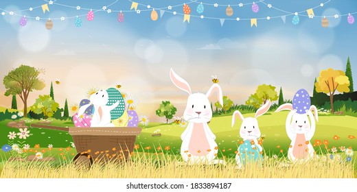 Spring field with bunny hunting Easter eggs,Vector Cute cartoon rabbits and hunny bees flying in grass field. Spring or Summer time banner with copy space for easter greeting card background