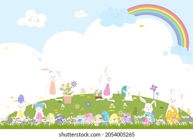 Spring field with bunny hunting Easter eggs,Vector Cute cartoon rabbits playing in green grass field with rainbow and raining,Spring, Summer banner with copy space for easter greeting card background