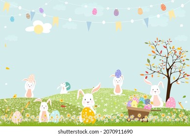 Spring field with bunny hunting Easter eggs,Vector Cute cartoon rabbits and hunny bees flying in grass field. Spring or Summer time banner with copy space for easter greeting card background