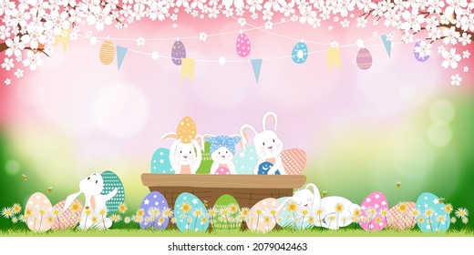 Spring field with bunny hunting Easter eggs and cherry blossom frame,Vector Cute cartoon rabbits and hunny bees flying in grass field with blurry bokeh light on pink and green background
