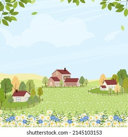 Spring field with cottage house and cloud on blue sky,Cute cartoon rural landscape green grass with honey bee collecting pollen on flowers in sunny day Summer,Vector background banner for Springtime 