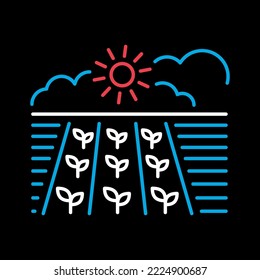 Spring field flat isolated on black background icon. Seedling. Ground. Green plants, organic farm. Agriculture sign. Graph symbol for web site design, logo, app, UI. Vector illustration, EPS10.
