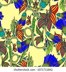 Spring field flowers with butterflies, insects. Vector illustration, doodle, seamless pattern, hand-drawn