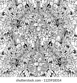 Spring field flowers with butterflies, insects. Vector illustration, doodle, hand drawn pattern