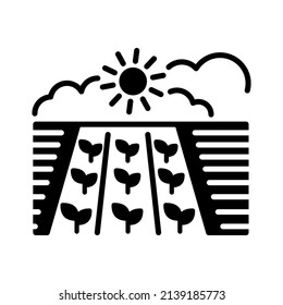 Spring field glyph icon. Seedling. Ground. Green plants, organic farm. Agriculture sign. Graph symbol for your web site design, logo, app, UI. Vector illustration, EPS10.