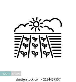 Spring field icon. Seedling. Ground. Green plants, organic farm. Agriculture sign. Graph symbol for your web site design, logo, app, UI. Vector illustration, EPS10.