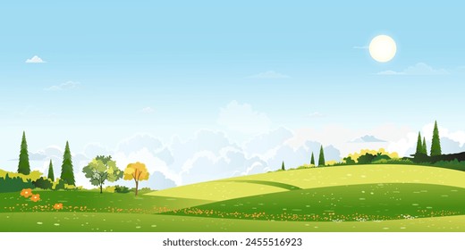 Paisaje de campo de primavera con nubes y azul celeste sobre árboles forestales, Vector de dibujos animados rural parque natural en verano soleado, hermoso campo en el campo para el fondo de Anuncio de Pascua