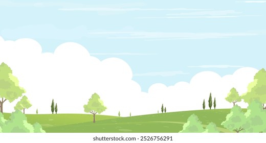 Paisaje del campo de la primavera con la salida del sol de la mañana, cielo azul, nube sobre césped verde de la hierba y árbol del bosque en el parque público del ambiente, Vector Horizon Jardín de la Naturaleza del verano con el prado con la luz del sol