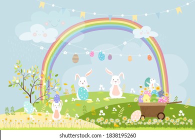 Spring field with rainbow, bunny hunting Easter eggs,Vector Cute cartoon rabbits playing in green grass field. Spring or Summer time banner with copy space for easter greeting card background