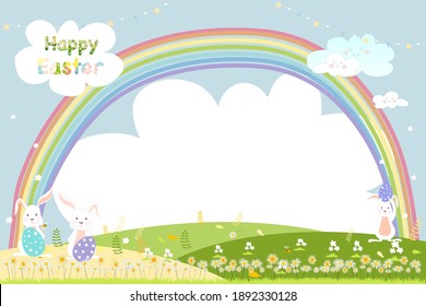 Spring field with rainbow, bunny hunting Easter eggs,Vector Cute cartoon rabbits playing in green grass field. Spring or Summer time banner with copy space for easter greeting card background