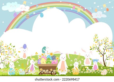 Spring field with rainbow, bunny hunting Easter eggs,Vector Cute cartoon rabbits playing in green grass field. Spring or Summer time banner with copy space for easter greeting card background