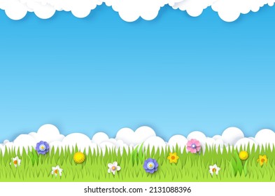 Campo de primavera, ilustración vectorial en estilo de arte de papel. hierba verde, flores de primavera, cielo azul con nubes blancas. El paisaje natural.