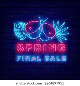 Spring final sale neon sign. Tropical leaves and butterfly. Season special offer. Shopping advertising. Shiny greeting card. Glowing banner. Vector stock illustration