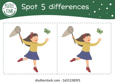 La primavera encuentra diferencias de juego para los niños. Actividad preescolar en el jardín con una chica con una mariposa atrapante en la red. Rompecabezas con personajes graciosos adorables