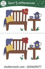 Spring find differences game for children. Garden preschool activity with cozy bench, tea table, cup, pillow. Attention skills puzzle with cute place for rest.
