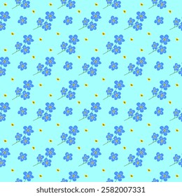 Spring first blooming in a garden flower, royal blue myosotis, hand drawn seamless pattern.
