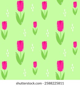 Spring first blooming in a garden flower, bright pink tulip, hand drawn seamless pattern.
