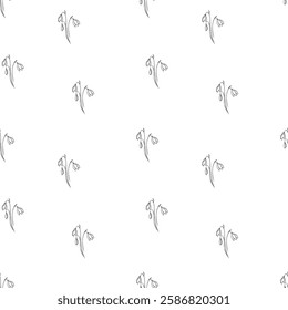 Spring first flower seamless vector pattern. Snowdrops outline illustration. Hand drawn petal floral element with leaves and blooming. Engraving print for delicate textile, fabric and packaging design