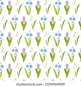 Spring first flowers, snowdrops flowers, hyacinthus, seamless pattern, floral background, vector illustrations
