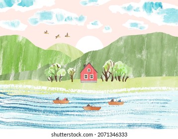 Spring fishing. Watercolor vector landscape with fishermen on boats, house, clouds and mountains. Fishing in the river. Cute Illustration for poster, postcard, banner