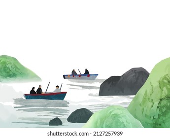 Spring fishing. Watercolor vector template with fishermen on boats, river and hills.Template frame for invitation, poster, flyer, banner, card. Place for message