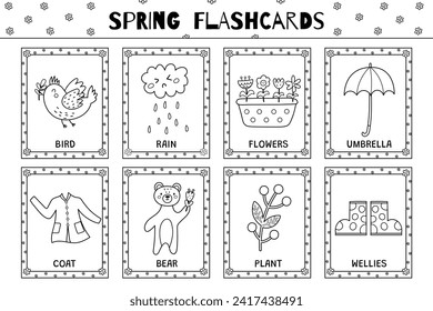 Spring flashcards black and white collection for kids. Flash cards set with cute characters in outline for coloring. Learning to read activity for children. Vector illustration