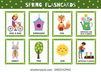 Spring flashcards collection for kids. Flash cards set with cute characters for school and preschool. Learning to read activity for children. Vector illustration