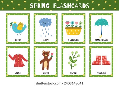 Spring flashcards collection for kids. Flash cards set with cute characters for school and preschool. Learning to read activity for children. Vector illustration