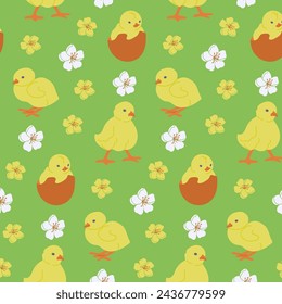 Spring flat colored seamless pattern with chicks. Flat birds with flowers on green background. Unique retro print design for textile, wallpaper, interior, wrapping