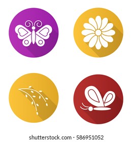 Spring flat design long shadow icons set. Butterflies, camomile flower, willow blossom. Nature. Vector silhouette illustration