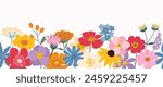 Spring flat flower background vector. Horizontal seamless floral pattern. Botanical art print for Happy Easter, Folk style home decor , Wall decoration, and fabric. 
