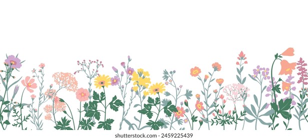 Vector de fondo floral plano de primavera. Horizontal patrón floral sin costuras. Estampado de arte botánico para Feliz Pascua, decoración del hogar estilo Folk, decoración de la pared y tela. 