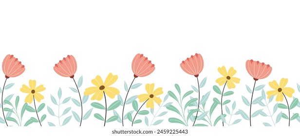 Spring flat flower background vector. Horizontal seamless floral pattern. Botanical art print for Happy Easter, Folk style home decor , Wall decoration, and fabric. 