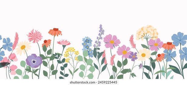 Vector de fondo floral plano de primavera. Horizontal patrón floral sin costuras. Estampado de arte botánico para Feliz Pascua, decoración del hogar estilo Folk, decoración de la pared y tela. 